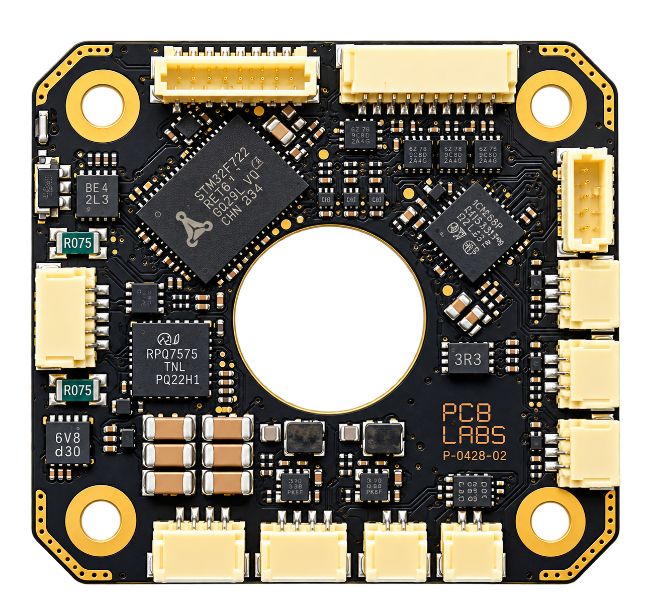 AI-anonymized customer project: black circuit board with a central cutout